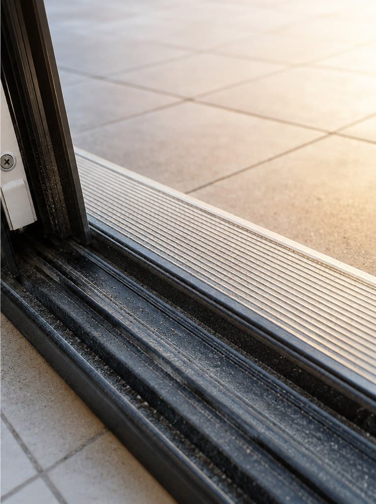 Sliding door track vacuumed, scrubbed, and flushed – before
