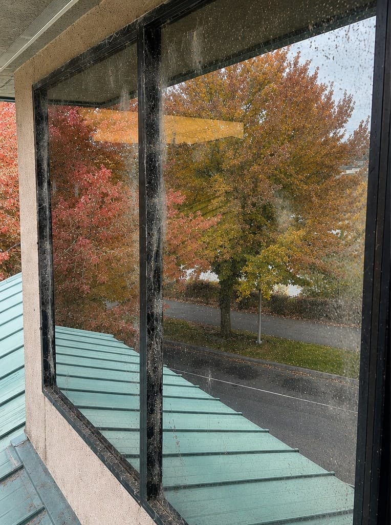 Years of grime and cobwebs cleared from fixed glass – before